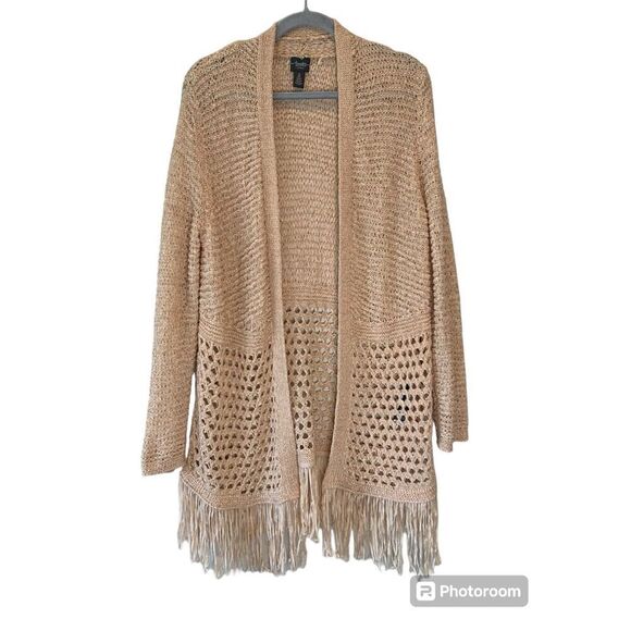 Chicos Size 2 (12/14) Sweater Womens Pink Cardigan Shimmer Open Knit Fringe Fron - Picture 2 of 6